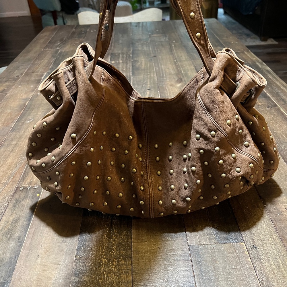 Studded Brown Leather Shoulder Bag